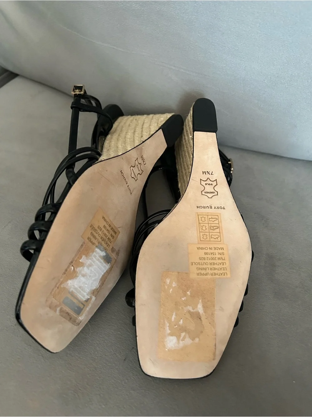 Tory Burch MULTI-STRAP ESPADRILLE WEDGE Black Patent Leather Sandals 7.5